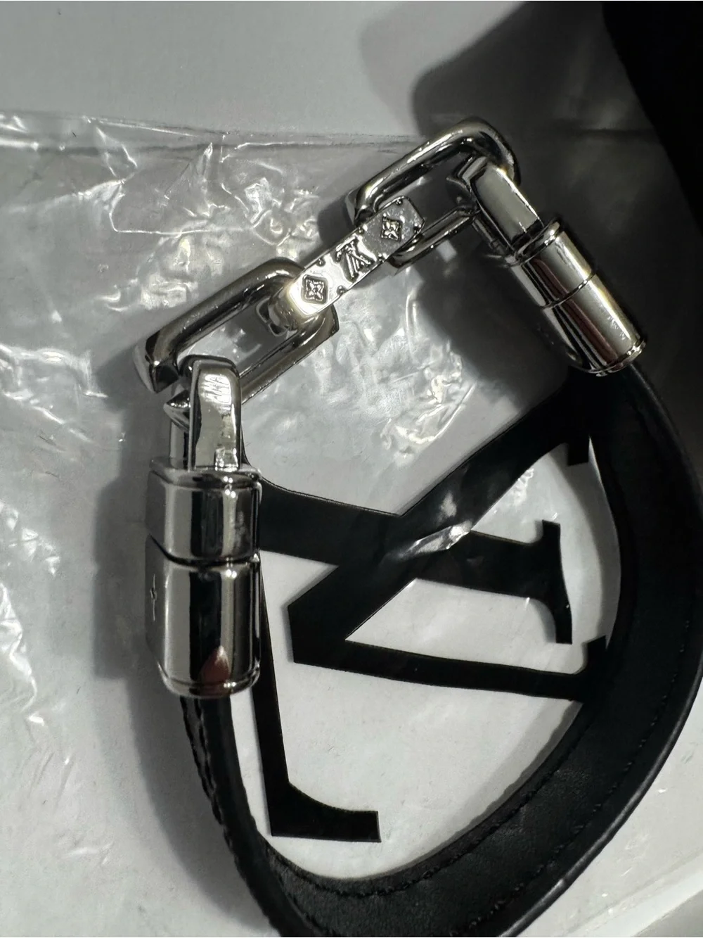 LV Half Black Leather Monogram & Half Silver Monogram Chain Bracelet